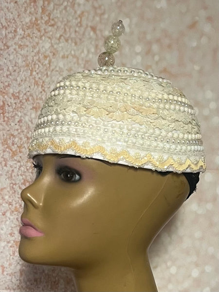 Cream Sequin Lace and Pearl Full Hat Fascinator for weddings, church, tea parties and special occasions