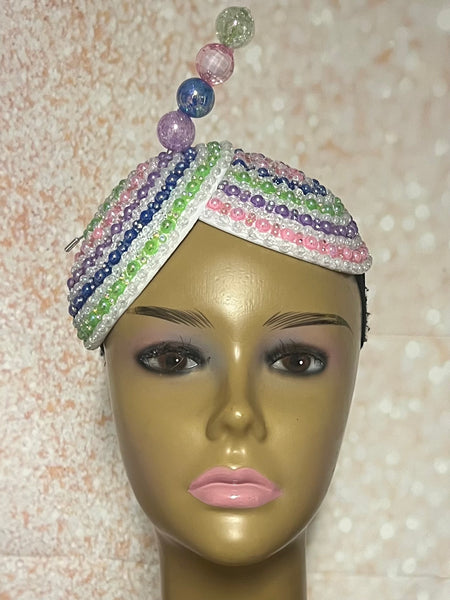 Pink and Off-White Iridescent Rhinestone Double Teardrop Beaded Fascinator