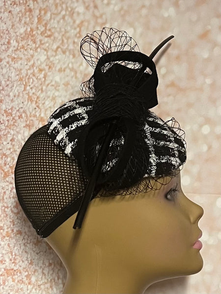 Black and White Houndstooth Tweed Fascinator Half Hat for Church Head Covering, Tea Party, Wedding and Other Special Occasions