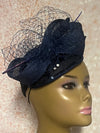 Navy Blue Sinamay Bling Teardrop Half Hat Fascinator for Church Head Covering, Tea Parties, Weddings and Special Occasions