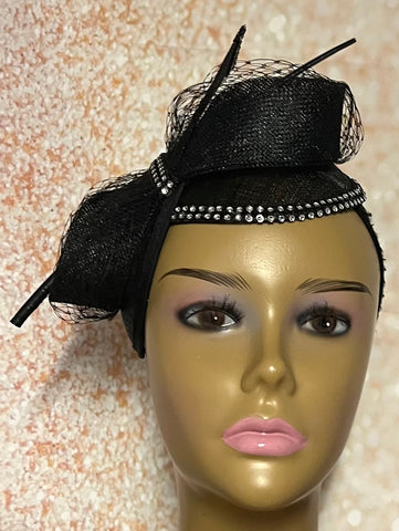 Black sinamay half crown black pompadour ostrich feather and red flower half hat/hair band with red velvet roses newest formal retro classic glamou