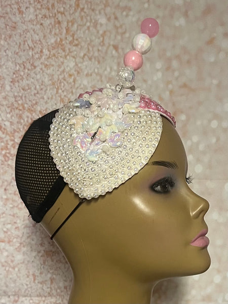 Pink and Off-White Iridescent Rhinestone Double Teardrop Beaded Fascinator