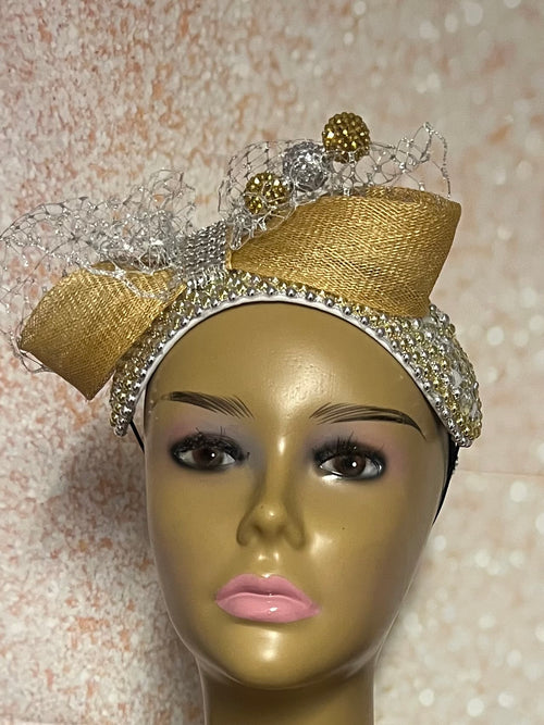 Gold and Silver Beaded Headband-Shaped Fascinator Half Hat for Church, Tea Parties, Weddings and other special occasions