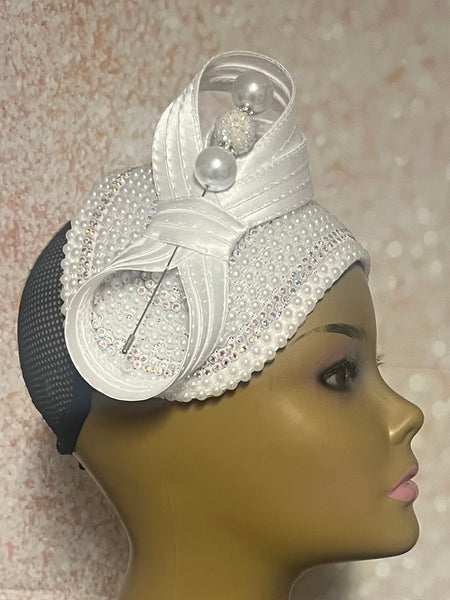 White Beaded Pearl Half Hat Fascinator with Bow for weddings, church and special occasions, Gift for Mom, Sister, Wife, Her