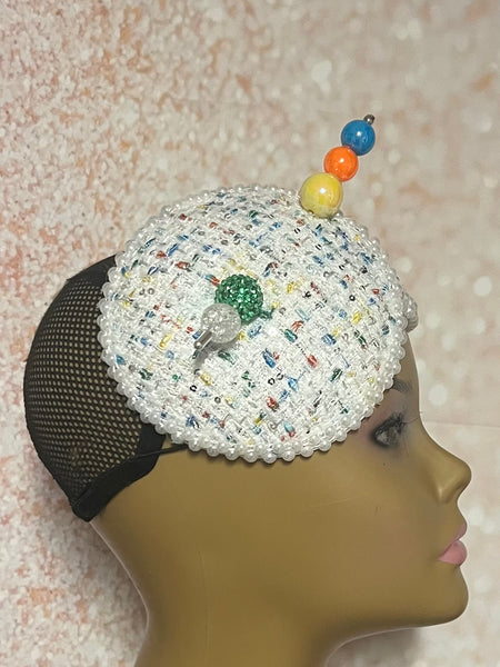Multicolor double cup fascinator, Yellow, Blue, Green, Orange and Off white fascinator, Handmade Church Headwear and Special Occasions