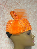 Orange Sequin Pillbox Hat Fascinator for Church Head Covering, Wedding, Tea Party, Mother of the Bride, and Other Special Occasions