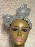 Silver Rhinestone Sequin Headband Fascinator Half Hat, Church Head Covering with Bow