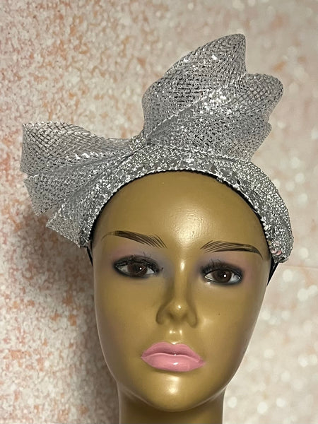 Silver Rhinestone Sequin Headband Fascinator Half Hat, Church Head Covering with Bow