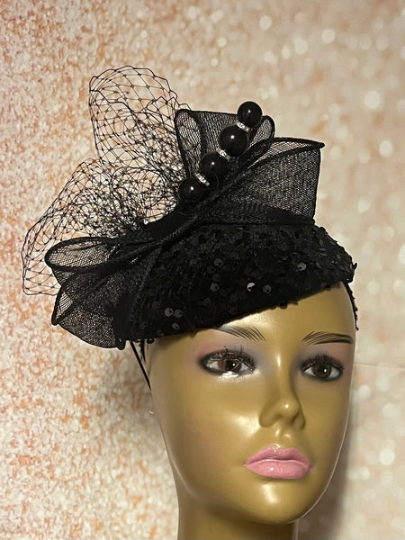 Black Sequin Circular Fascinator Half Hat for Church Head Covering, Mother of the Bride, Tea Party and other Special Occasions