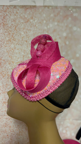 Pink Bead and Sequin Teardrop Fascinator, Light Pink Half Hat for Church head covering, Tea Party, Weddings, and other Special Occasions