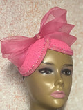 Pink Sequin Beaded Double Cup Fascinator Half Hat for Church Weddings and Special Occasions