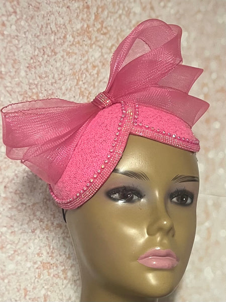 Pink Sequin Beaded Double Cup Fascinator Half Hat for Church Weddings and Special Occasions