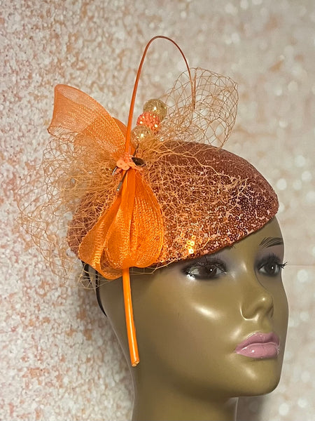 Orange Sequin Half Hat Fascinator for Church Head Covering, Wedding, Tea Party, Mother of the Bride, and Other Special Occasions
