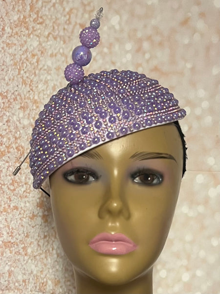 Lavender Beaded Half Hat Fascinator for weddings, church and special occasions