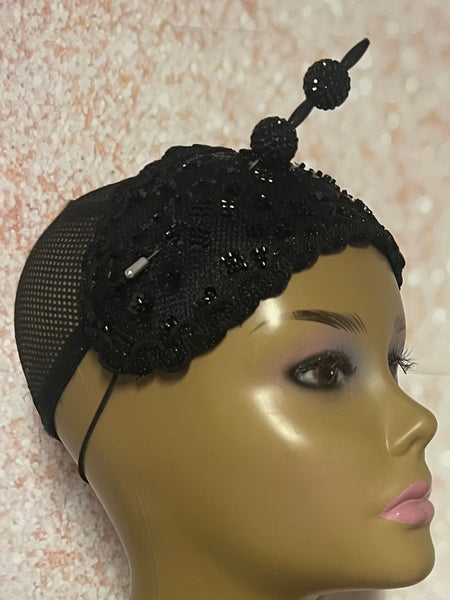 Black Small Sequin Button Fascinator Half Hat for Church Head Covering, Weddings, Tea Parties and  Other Special Occasions