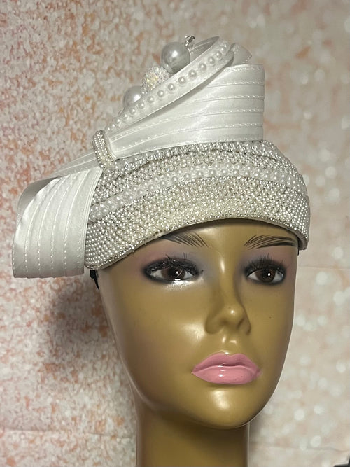 White Pearl Rhinestone Beaded  Three Quarter/Half Hat with Bow for weddings, church and special occasions, Gift for Mom, Sister, Wife