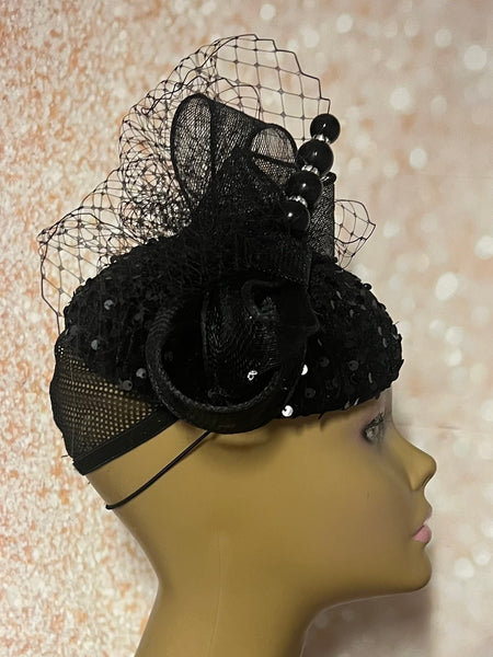 Black Sequin Circular Fascinator Half Hat for Church Head Covering, Mother of the Bride, Tea Party and other Special Occasions