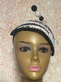 Black and White Beaded Lace Fascinator Half Hat for Church