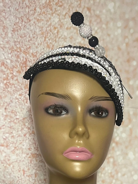 Black and White Beaded Lace Fascinator Half Hat for Church