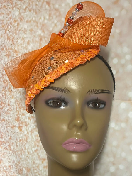 Orange Sequin Felt Small Half Hat Fascinator for Church Head Covering, Wedding, Tea Party, Mother of the Bride, and Other Special Occasions