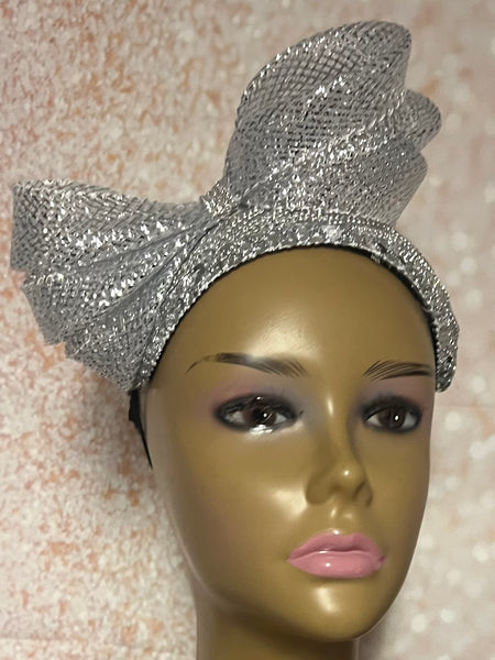 Silver Rhinestone Sequin Headband Fascinator Half Hat, Church Head Covering with Bow