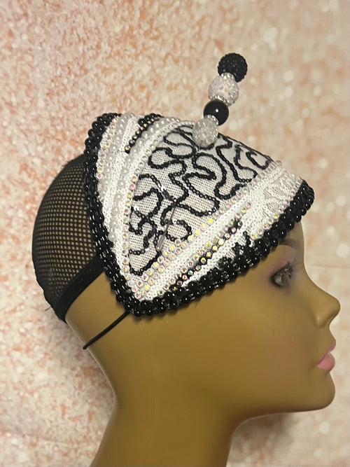 Black and White Beaded Lace Fascinator Half Hat for Church