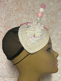Pink and Off-White Iridescent Rhinestone Double Teardrop Beaded Fascinator
