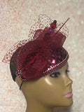 Burgundy Wine Sequin Teardrop Fascinator Half Hat for Church, Weddings, and other special occasions