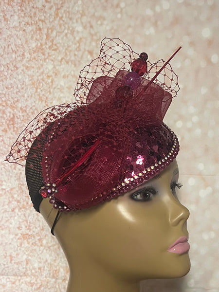 Burgundy Wine Sequin Teardrop Fascinator Half Hat for Church, Weddings, and other special occasions