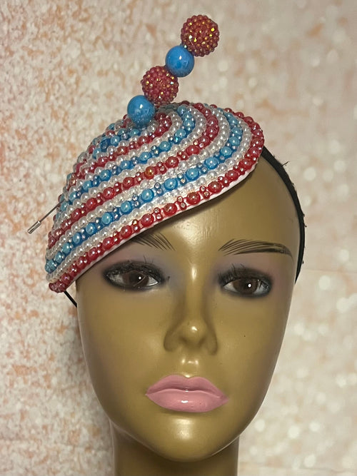 Red and Blue Beaded Teardrop Fascinator Half Hat, Church and Special Occasion Headpiece