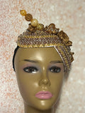 Gold and Beige/Khaki Beaded Flower Double Cup Fascinator, Church Special Occasion Half Hat