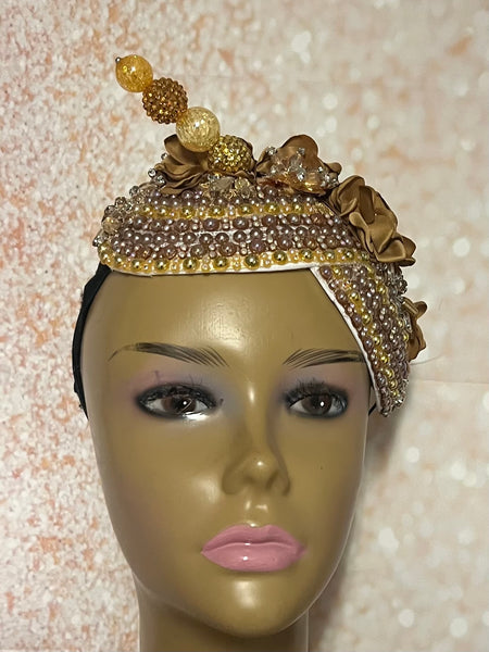 Gold and Beige/Khaki Beaded Flower Double Cup Fascinator, Church Special Occasion Half Hat