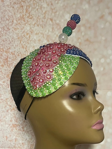 Blue Pink Green Multicolor Beaded Double Cup Fascinator, Handmade Church Headwear and Special Occasions