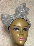 Silver Rhinestone Sequin Headband Fascinator Half Hat, Church Head Covering with Bow