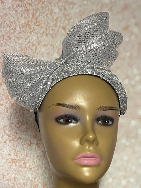 Silver Rhinestone Sequin Headband Fascinator Half Hat, Church Head Covering with Bow
