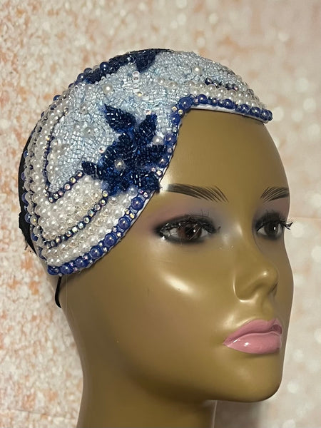 Beaded Double Teardrop Fascinator Hat, Royal Blue, Light Blue, Special Occasion Headwear
