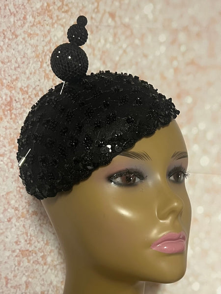 Black Small Sequin Button Fascinator Half Hat for Church Head Covering, Weddings, Tea Parties and  Other Special Occasions