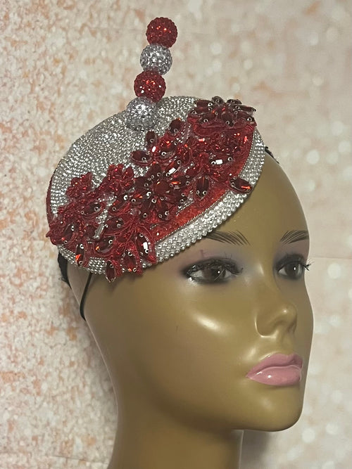 Red and Silver Rhinestone Bling Fascinator Half Hat for Church, Tea Party, Weddings and Special Occasions