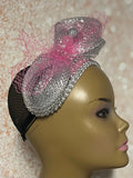 Pink and Silver Beaded Fascinator Half Hat, Church Head Covering