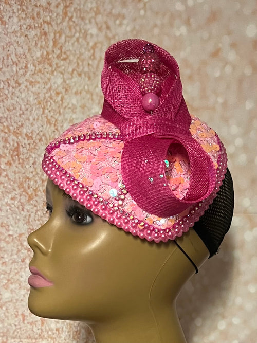 Pink Bead and Sequin Teardrop Fascinator, Light Pink Half Hat for Church head covering, Tea Party, Weddings, and other Special Occasions