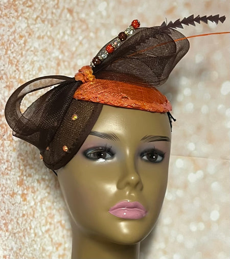 Orange and White Sinamay Half Hat Fascinator for Church Head Covering, Wedding, Tea Party, Mother of the Bride, and Other Special Occasions