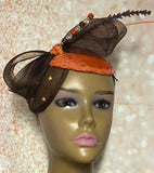 Orange and Brown Half Hat Fascinator for Church Head Covering, Wedding, Tea Party, Mother of the Bride, and Other Special Occasions