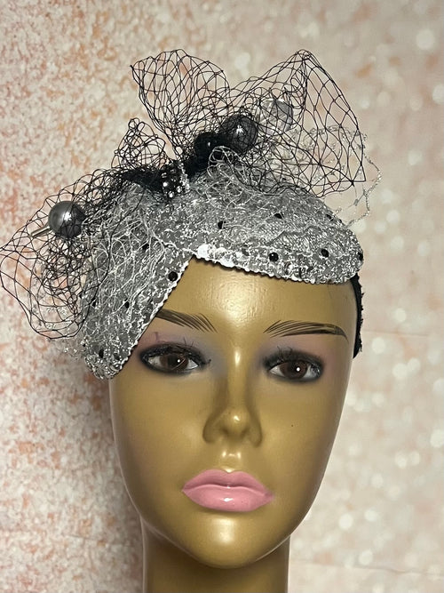 Silver Sinamay Mesh Bling Fascinator Half Hat for Church, Tea Parties, Weddings and other special occasions
