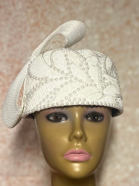 White Sequin Lace and Pearl Full Hat Fascinator for weddings, church, tea parties and special occasions