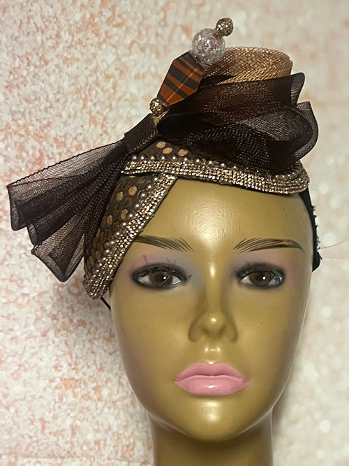 Brown Bronze Gold Double Teardrop Fascinator, Multicolor Earth Tone Double Cup Special Occasion Half Hat for church