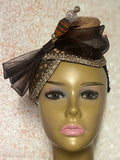 Brown Bronze Gold Double Teardrop Fascinator, Multicolor Earth Tone Double Cup Special Occasion Half Hat for church