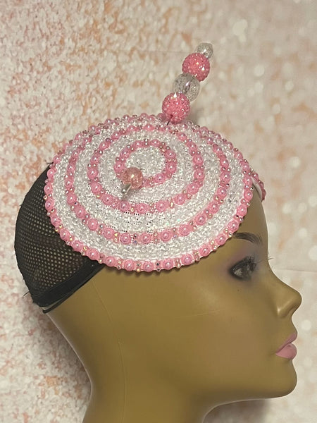 Pink and White Double Cup Beaded Rhinestone Fascinator for Church, Tea Parties, Weddings and Special Occasions