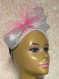 Pink and Silver Beaded Fascinator Half Hat, Church Head Covering