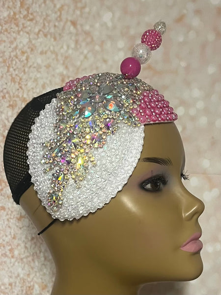 Pink and Off-White Iridescent Rhinestone Double Teardrop Beaded Fascinator