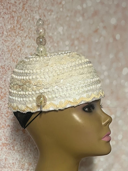 Cream Sequin Lace and Pearl Full Hat Fascinator for weddings, church, tea parties and special occasions